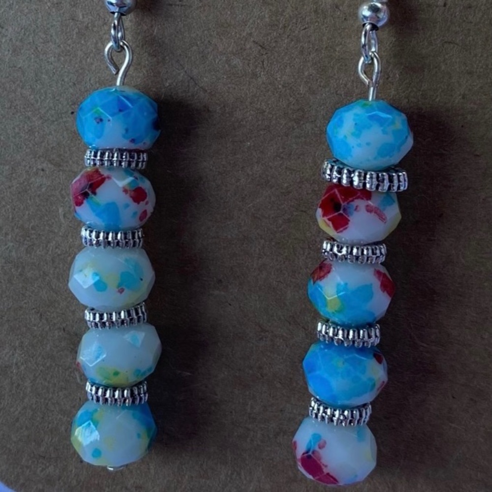 Blue Red and White with Silver Drop Earrings